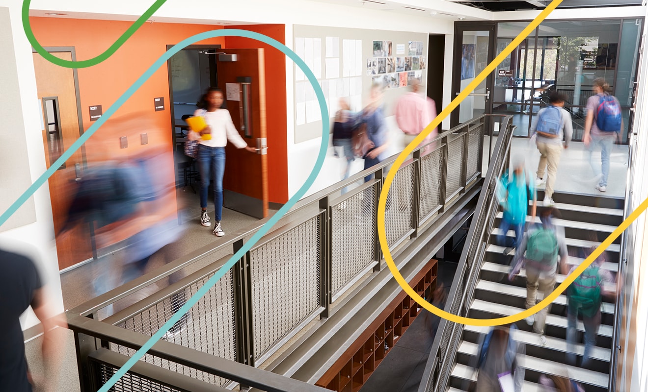 School kids walking in the hall between classes