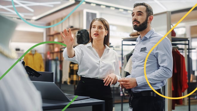 A man and woman talking in a retail setting