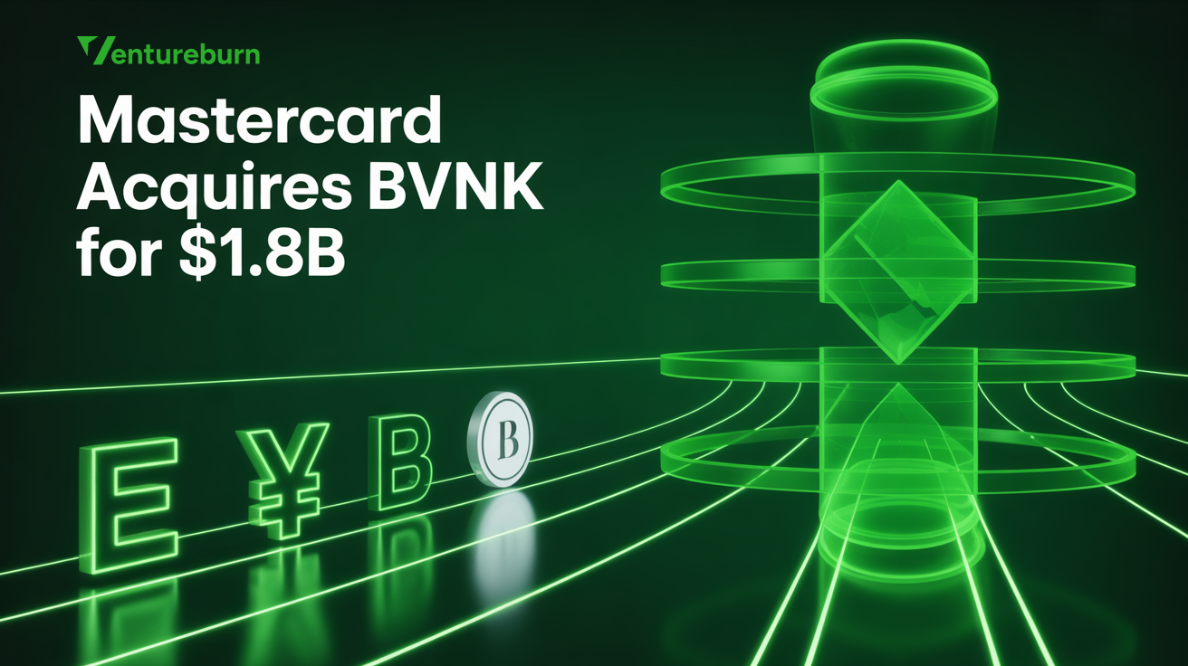 Mastercard and BVNK logos with digital rails connecting fiat and stablecoins, illustrating the $1.8B acquisition.