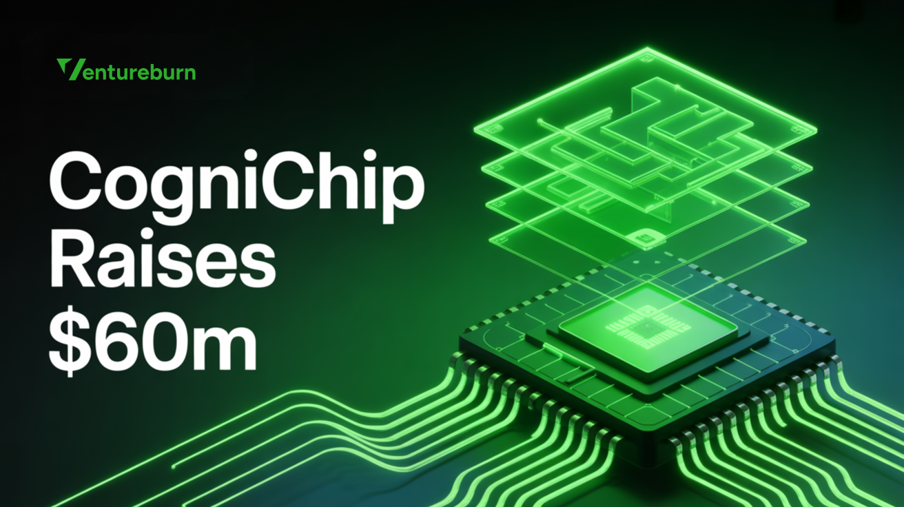 A glowing AI microchip core and holographic chip blueprints, illustrating Cognichip’s $60M expansion in physics-informed chip design.